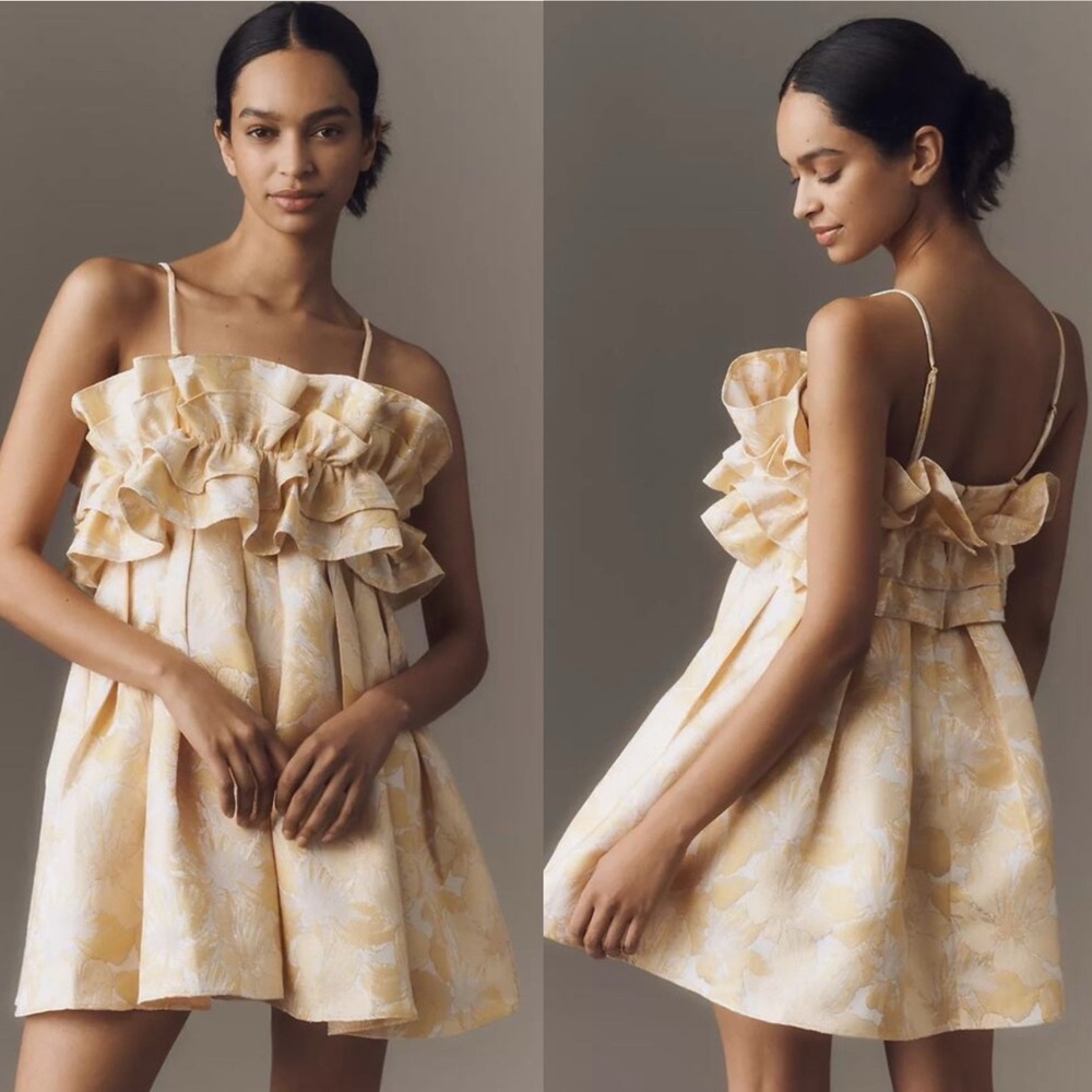Anthropologie Aureta Strapless Drama Ruffle Mini Dress Gold